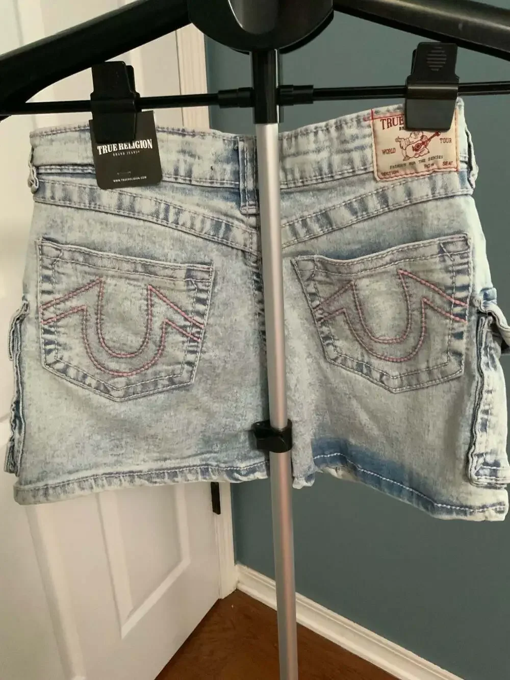 True Religion Sadie Denim Girls Skirt Size 8 Bleach Blue Cargo Mini Skirt